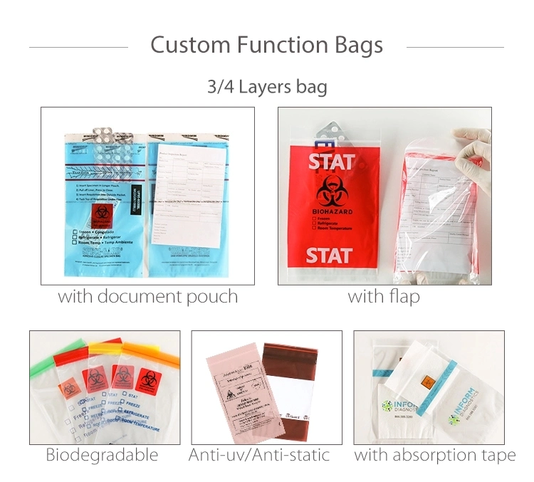 Customized Size, Color Printed, Adhesive/Liquid Tight Specimen Bag, Pill/Drug/Labortary/Medical/Sample Bag