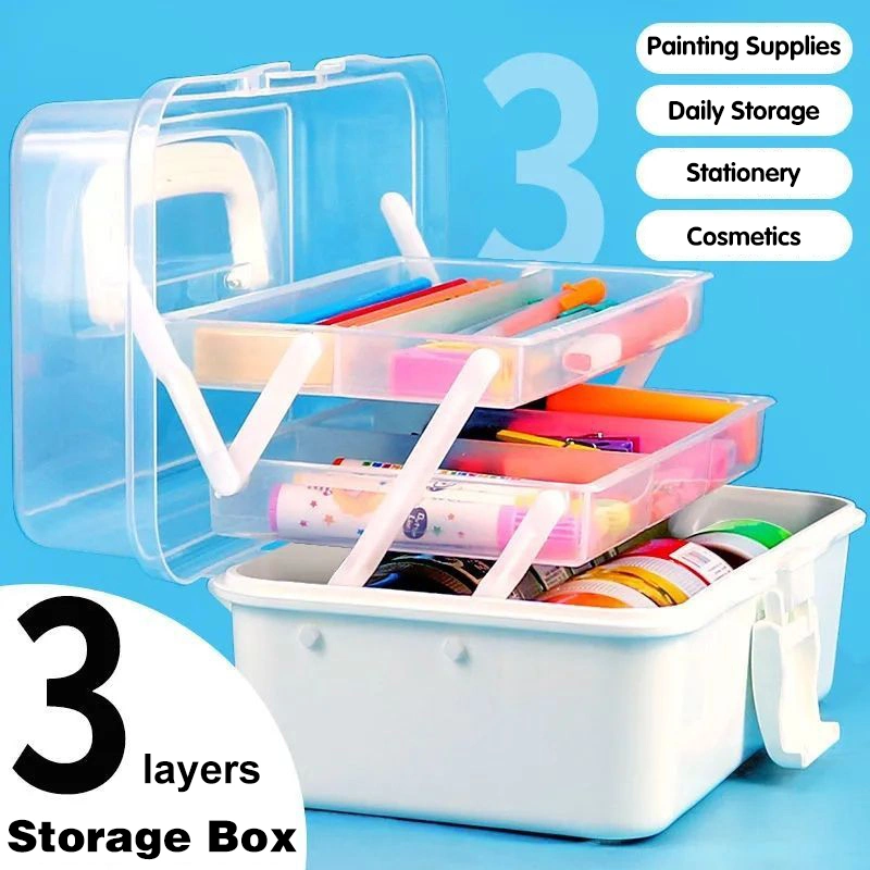 Three-Layer Multipurpose Storage Box Organizer Folding Tool Box/Art &amp; Crafts Case/Sewing Supplies Organizer/Medicine Box/Family First Aid Box with 2 Trays