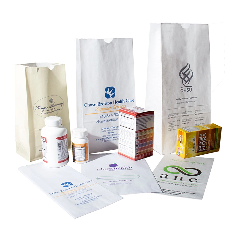 Custom Printed Logo Size Small Daily Pharmacy Counter Medical Sickness Sos White Kraft Paper Bags for Medicine