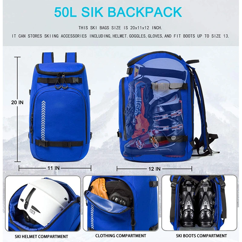 50L Waterproof Ski Boot Bag Backpack for Young Men and Women