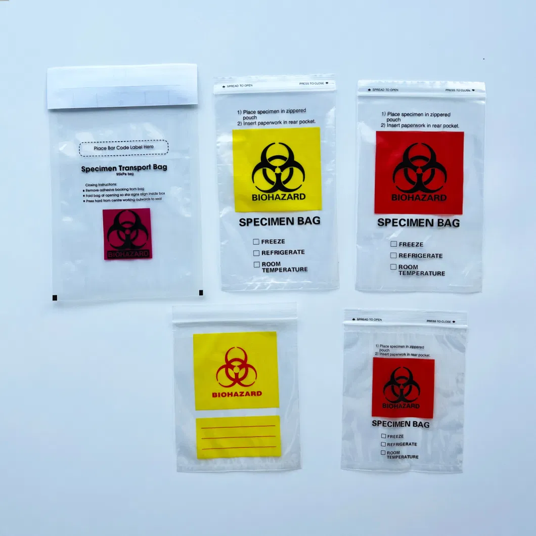 Customized 3 Layers / 4 Layers Laborary Eco-Friendly Biohazard Medical Sample Dental Kangaroo Transport Collection 95kpa Zipper Specimen Bag