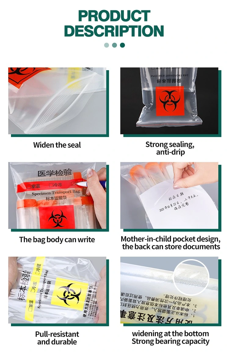 6 X9 Ziplock Plastic Zipper Disposal Medical Biohazard Specimen Transport Bags with Back Pouch