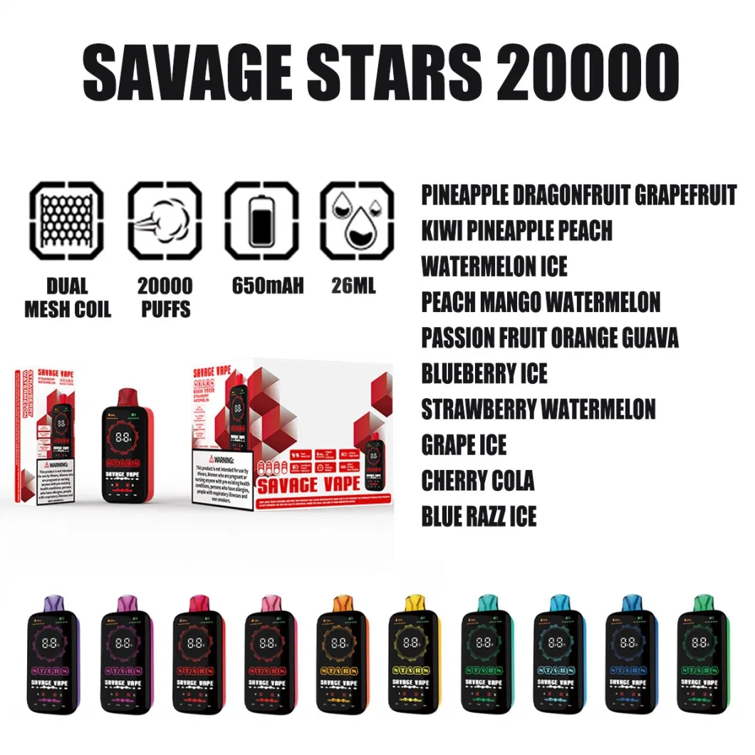 Savage Stars 20000 25000 Puffs 15000 30K Shisha Flavour Hookah Adalya E-Cigarette Germany EU Warehouse Full Screen Display Disposeable Vape