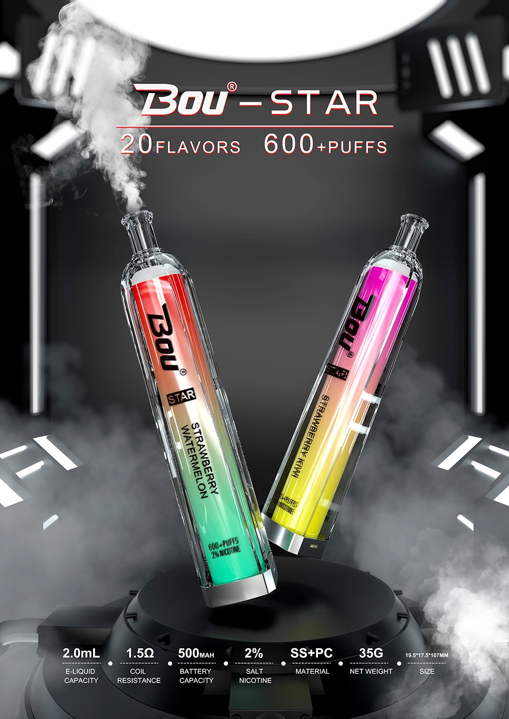 20 Flavors Bou Star 600 Puffs Disposable Vape Pen 20mg Flashing RGB LED 500mAh Disposable Mini E-Cigarette Vape Smoke