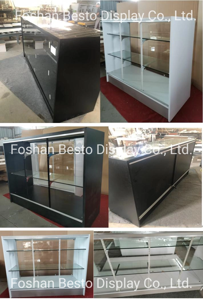 Retail Glass Display Counter with Adjustable Tempered Glass Shelves and Lockable Sliding Doors