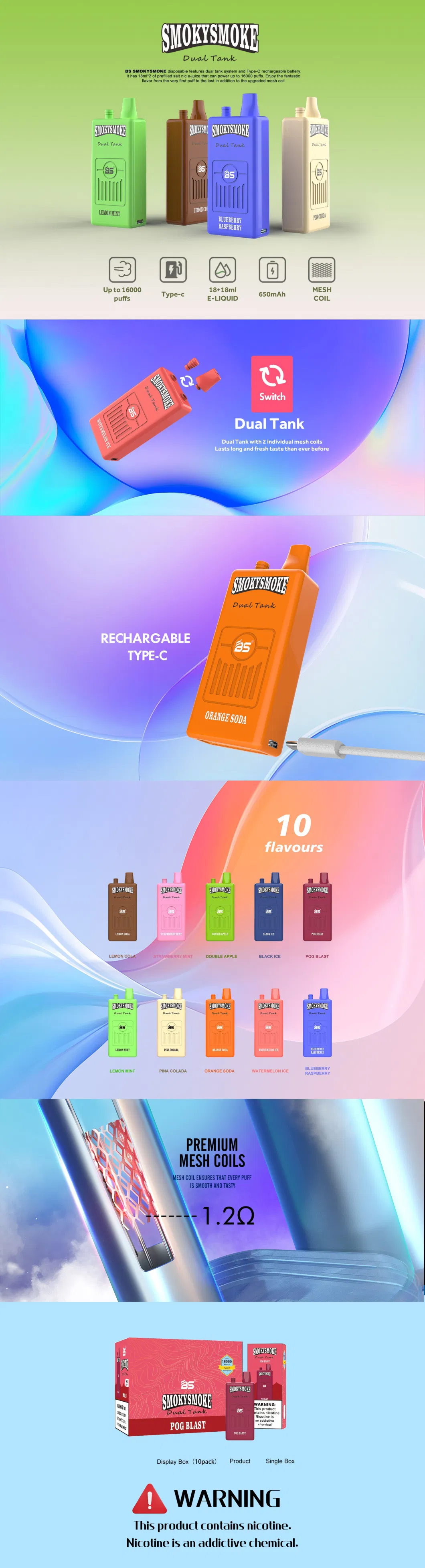 E Cigarette BS Smokysmoke Puff 16000 Disposable Vape Pen 36ml Juice Flavor Mesh Coil Child Lock Built-in Smart Display Power Adjustable Vs Randm Mrvi Razz Bar