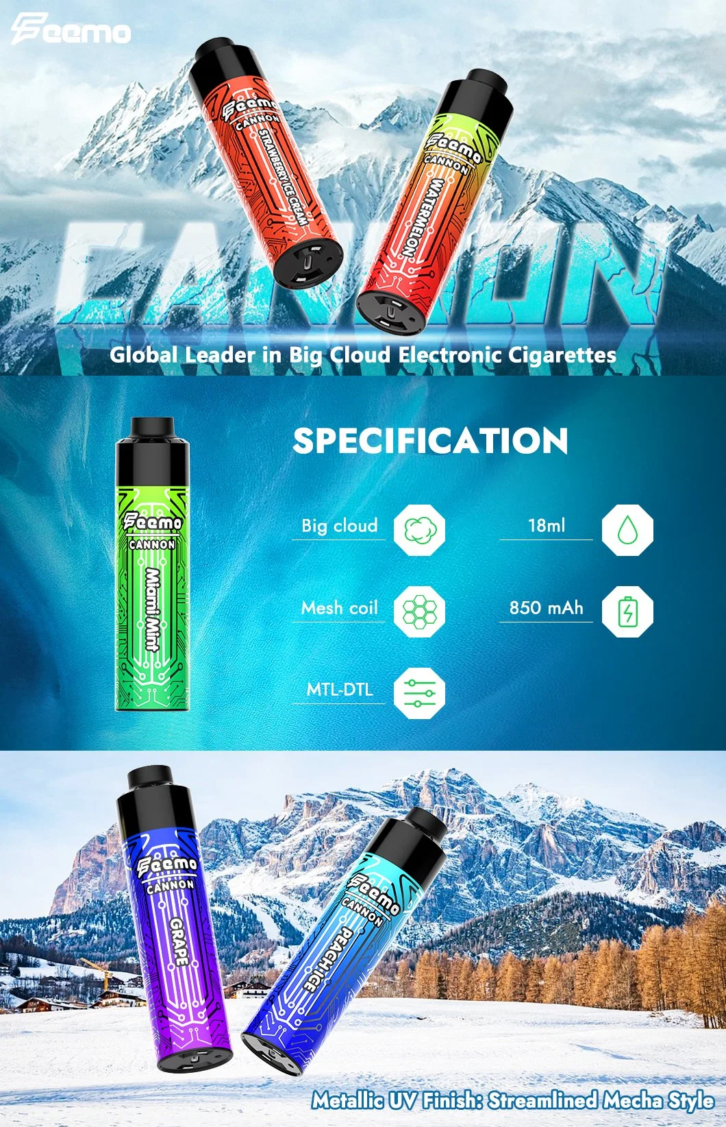 Multiful Flavor Big Cloud Item Feemo Cannon Rechargeable 850mAh Battery Wholesale Electronic Cigarette Small and Convenient Pod Pen