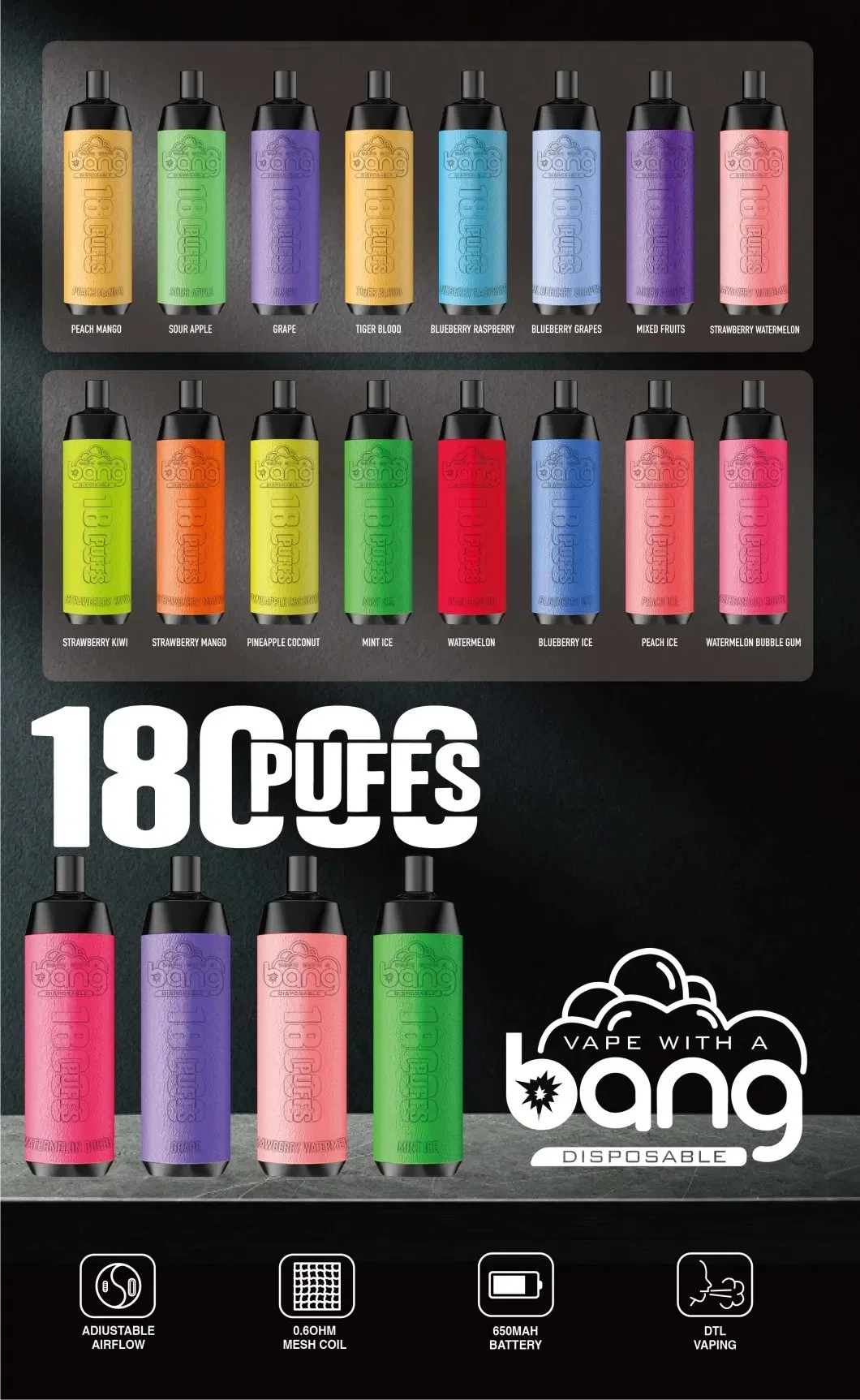 18000 Puffs Refillable Vape 25ml Electronic Cigarette 650mAh Battery 2% 3% 5% Nic Salt Glass Vaporizer E Cigar Wholesale 10 Strain Vape Pen