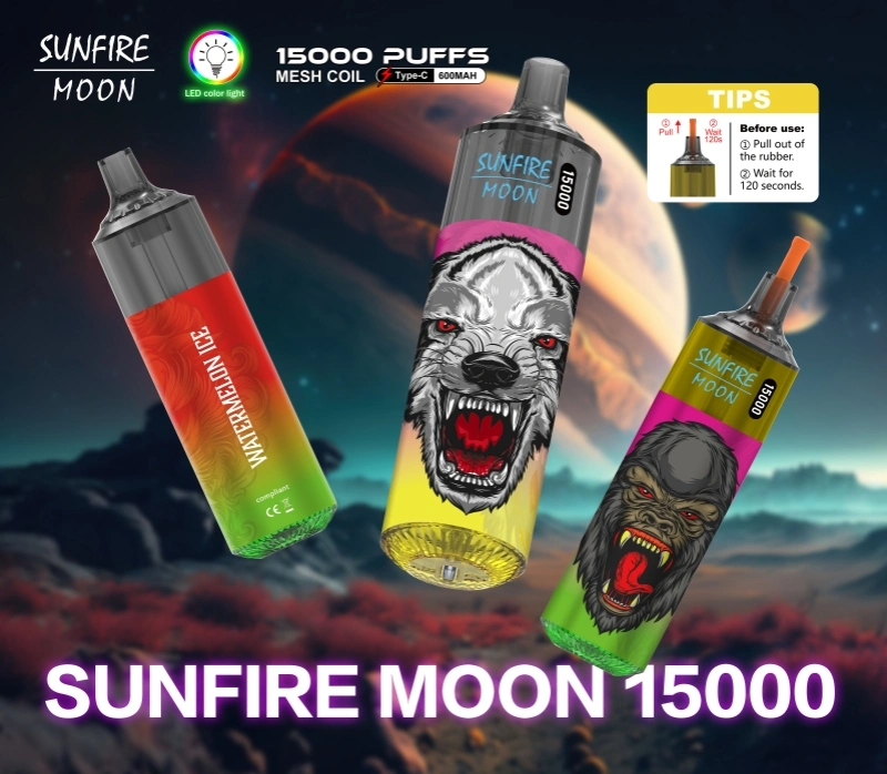 2024 Hot Seller Sunfire Moon Bar 15000 Puff Disposable Vape Wholesale Mesh Coil 20ml 0% 2% 3% 5% Rechargeable Electronic Vape Juice Strawberry Kiwi Spain CZ UK