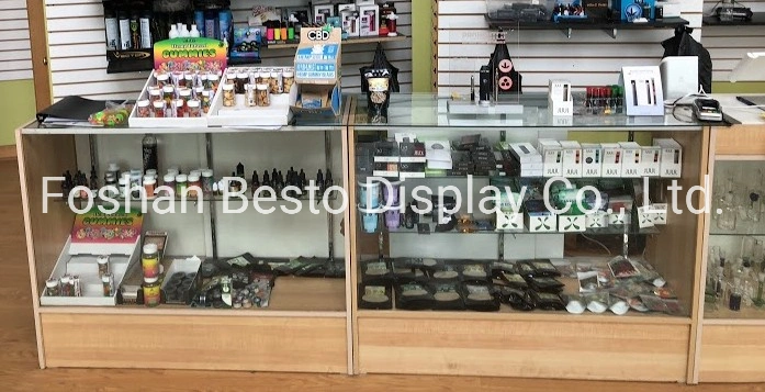 Retail Glass Display Counter with Adjustable Tempered Glass Shelves and Lockable Sliding Doors