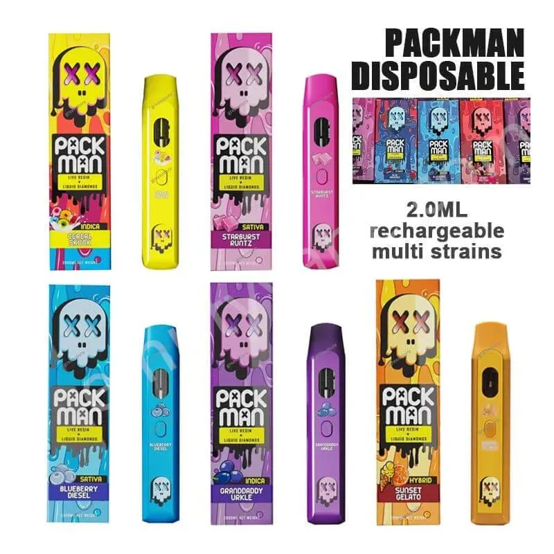 2.0ml Pack Man Disposable E Cigarettes Live Resin Vape Pen Rechargeable 10 Flavors Empty Vapes Cartridges Device Pods 380mAh Battery Oil Carts Vapes DAB Wax PAC