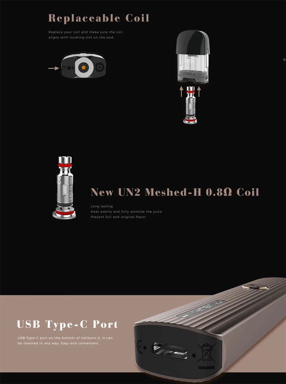 Hot Selling Uwell Caliburn G Kit 18W Vape Pen E-Smoking