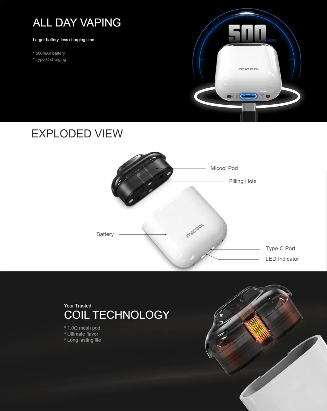 Zq Micool 500mAh Rechargeable Vape Kit 2/5ml Pod Capacity Refillable Open Vape Pod System