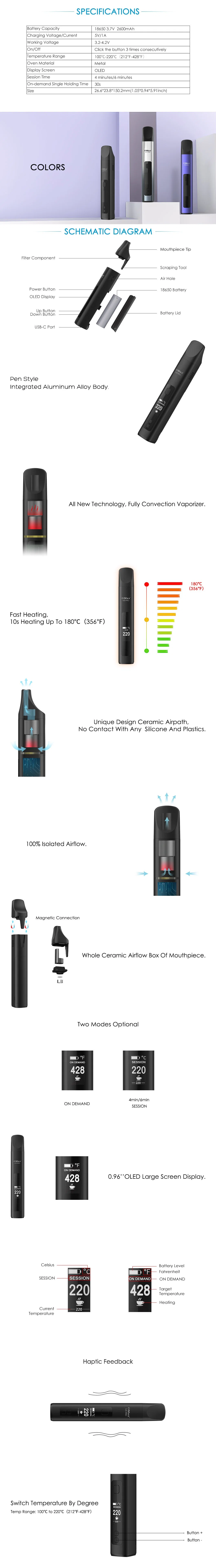 2022 OEM/ODM Support Dry Herb/Concentrate Vaporizer on-Demand and Session Working Mode Portable Pen Style Vaporizer Vape Pen