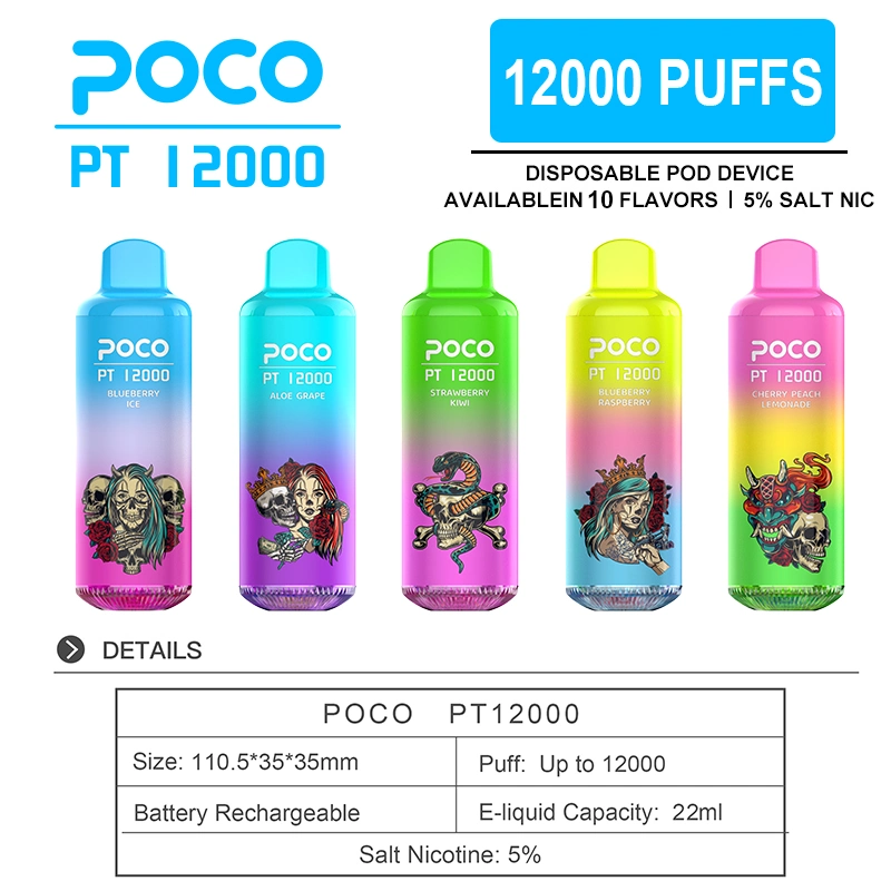 Original 12000 Puffs Electronic Cigarette Poco PT12000 Disposable Vape Pen Rechargeable Airflow Adjustable 22ml 10 Flavors Device Vapor Pen EU USA Warehouse