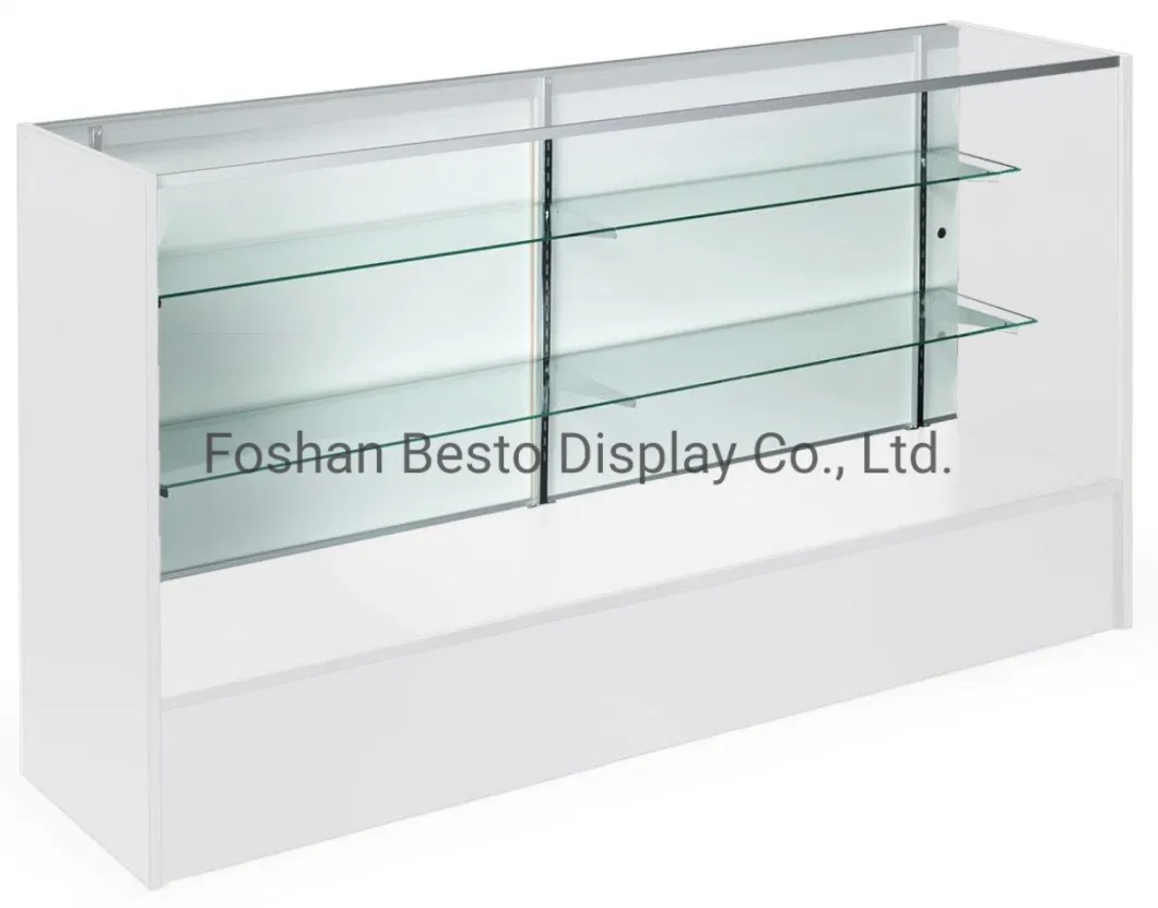 Retail Glass Display Counter with Adjustable Tempered Glass Shelves and Lockable Sliding Doors