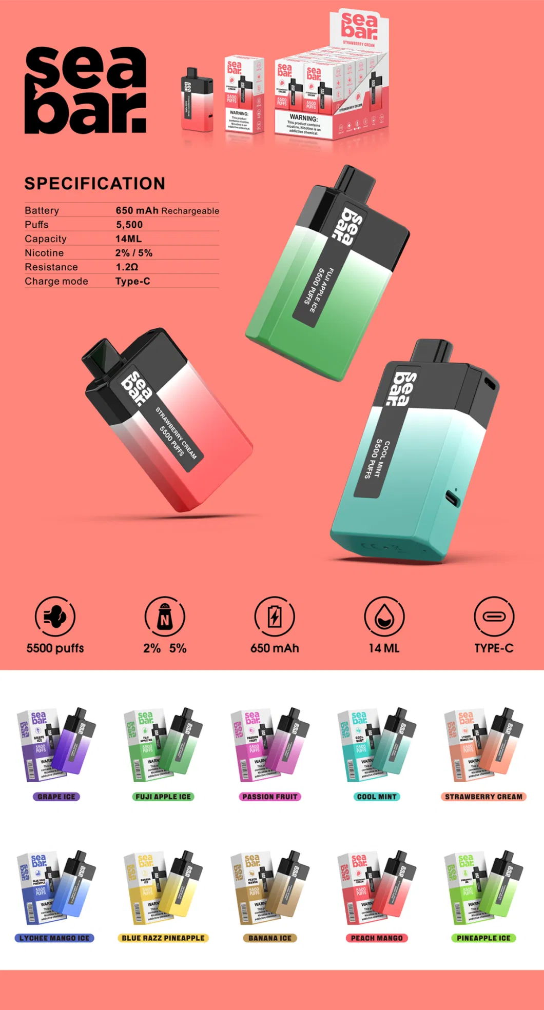 USA Slovenia Seabar 5500puffs $2.8 Wholesale Cheap Best Rechargeable Disposable Vape Dry Herb Vape