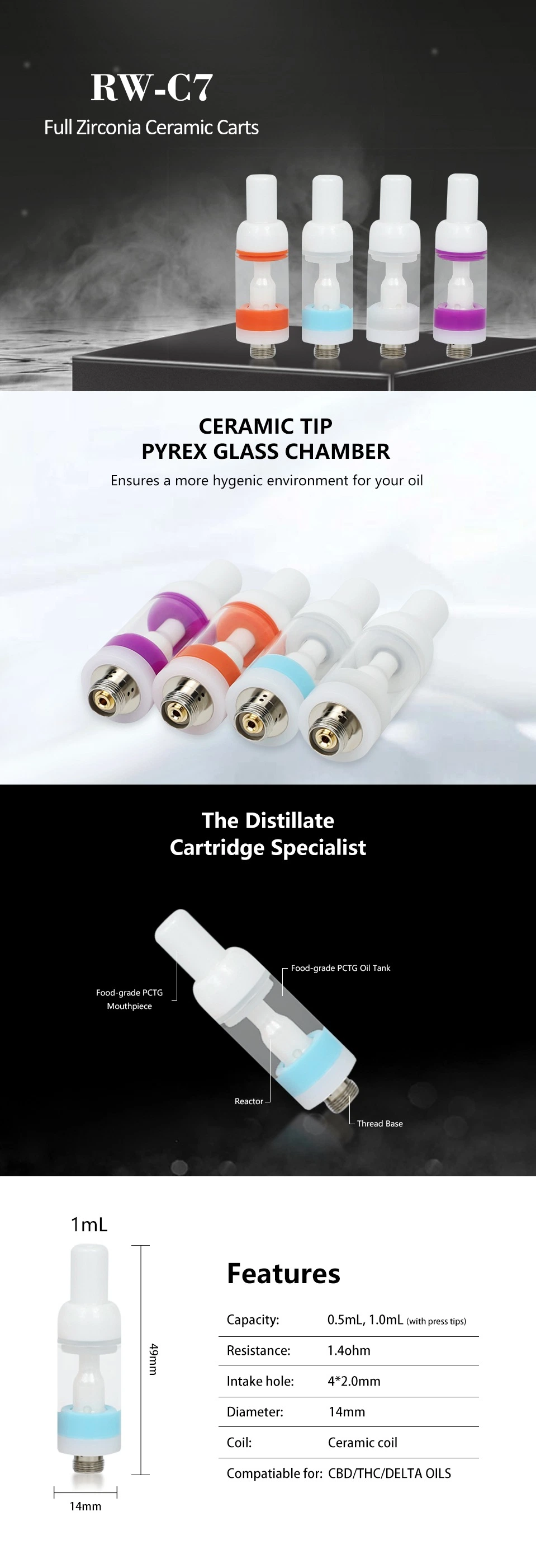 RW C7 Zirconia Full Ceramic 510 Thread Empty Vape Carts Thick Oil 0.5ml 1ml Ceramic Coil Cartridge