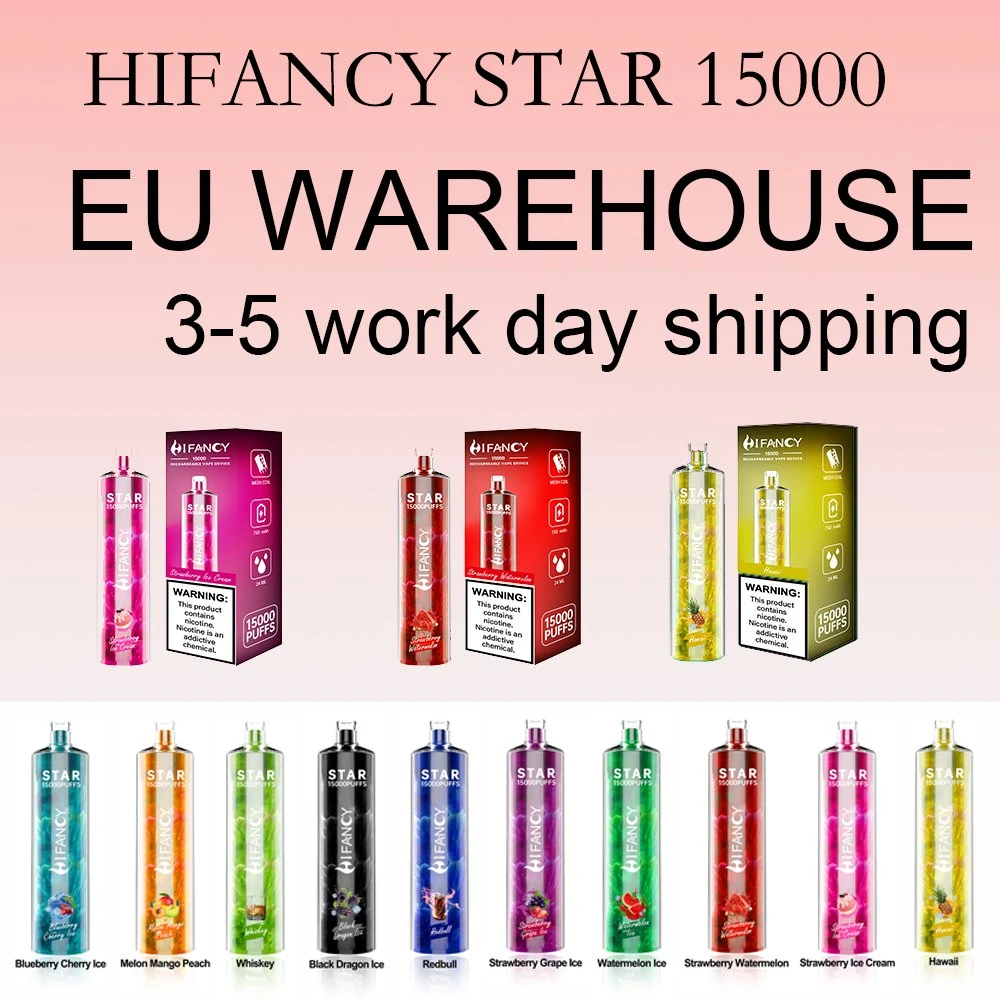 Hifancy 15K Puffs Bar E Cigarette Disposable Vape Puff 16000 Me Coil 2% 3% 5% Crystal Vape 750mAh Rechargeable Battery 24ml Prefilled Carts Pod Vapes