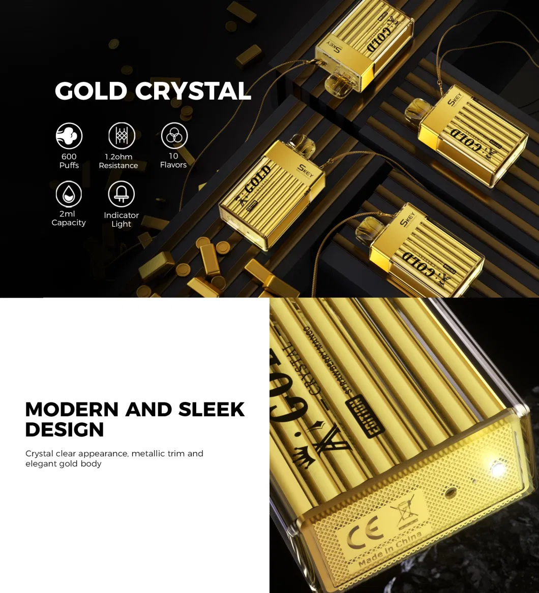 2023 Hot Selling Best Disposable Vape UK 600 Puffs 2ml Gold Crystal Bar Wholesale I Vape