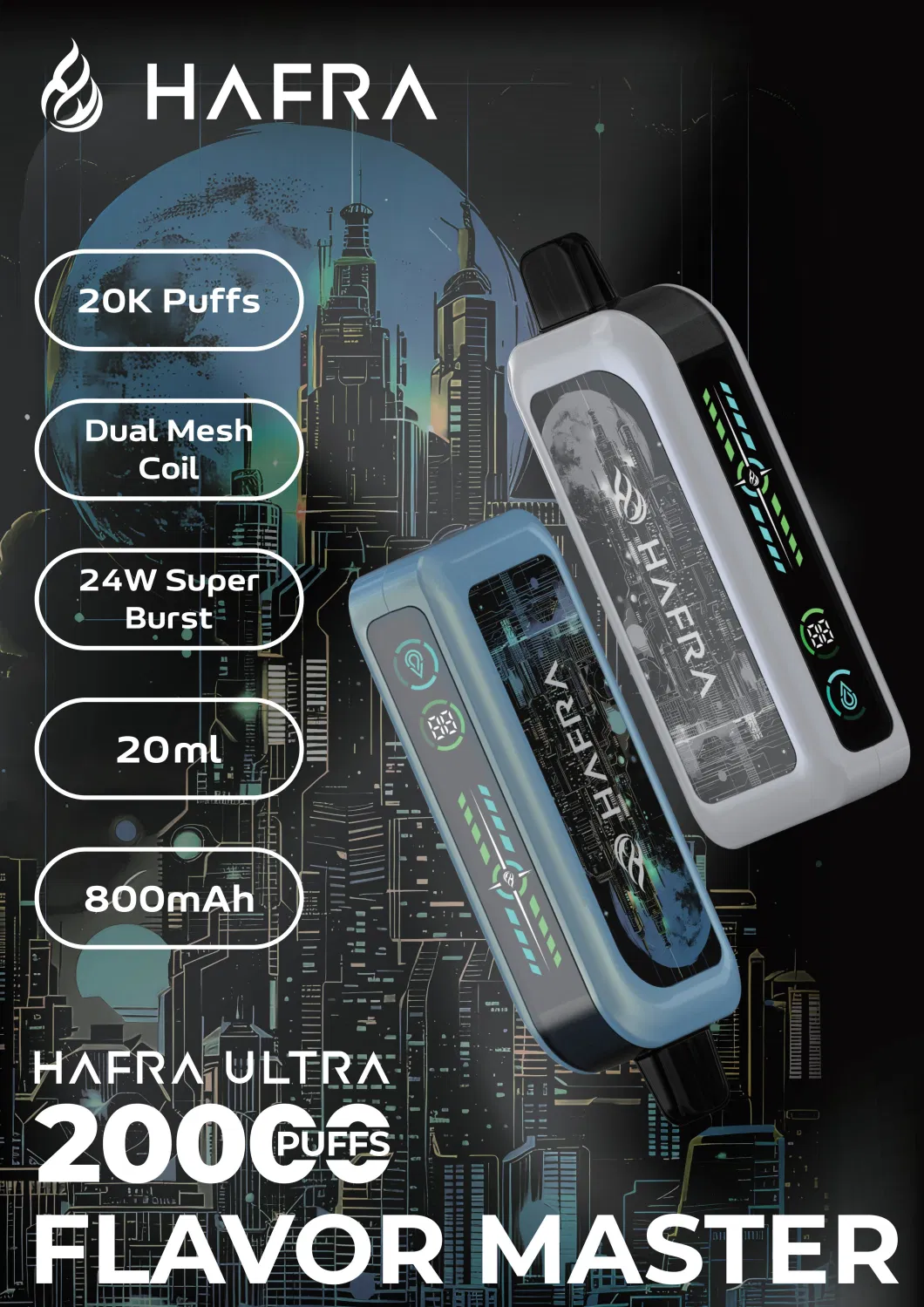 Hafra Ultra 20K Puff Disposable Vape Dual Mesh Coil 800mAh Electronic Cigarette