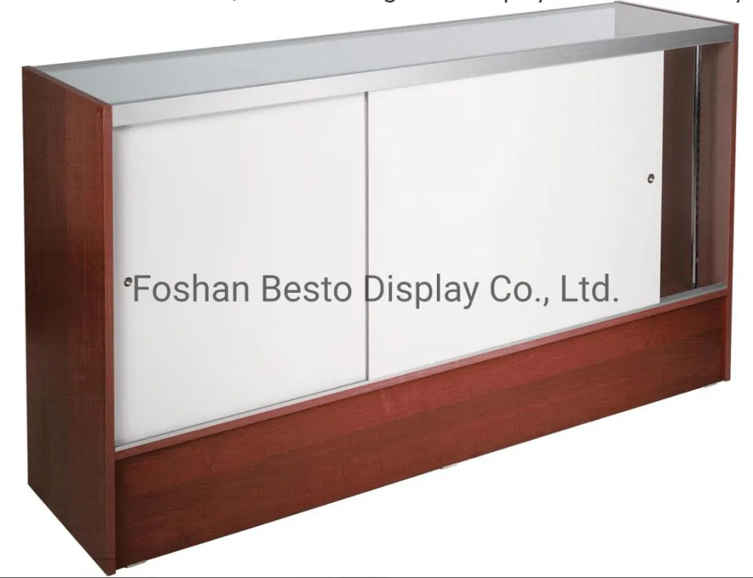 Retail Glass Display Counter with Adjustable Tempered Glass Shelves and Lockable Sliding Doors