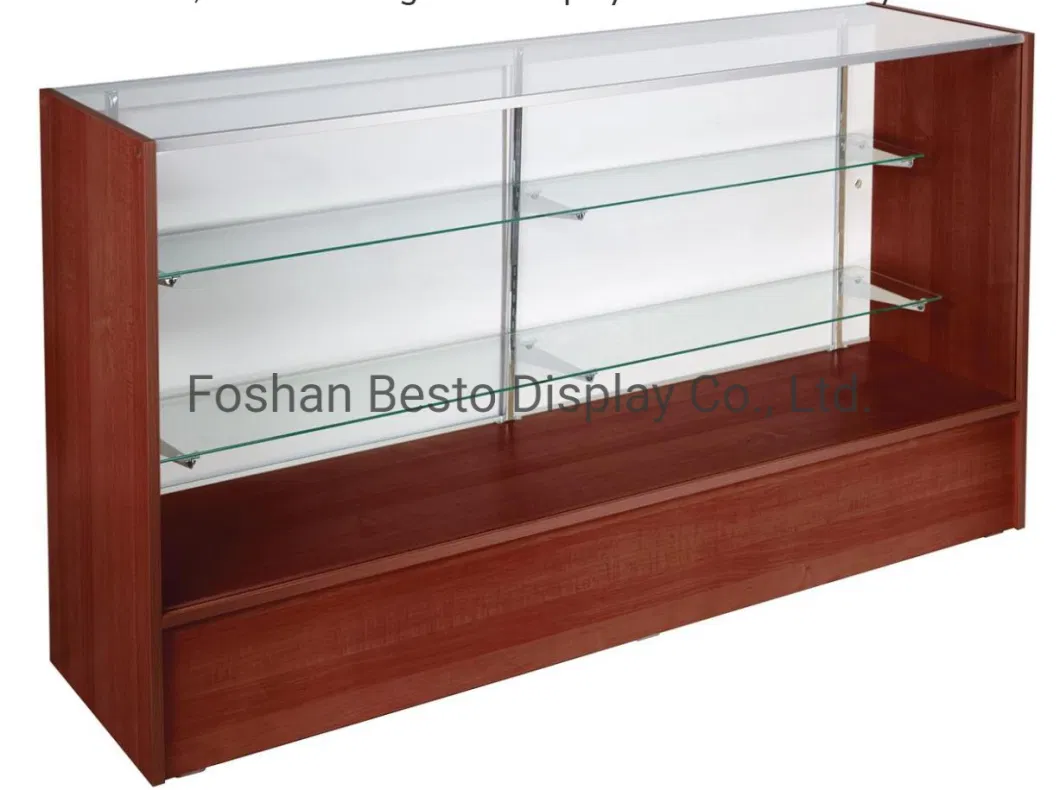 Retail Glass Display Counter with Adjustable Tempered Glass Shelves and Lockable Sliding Doors