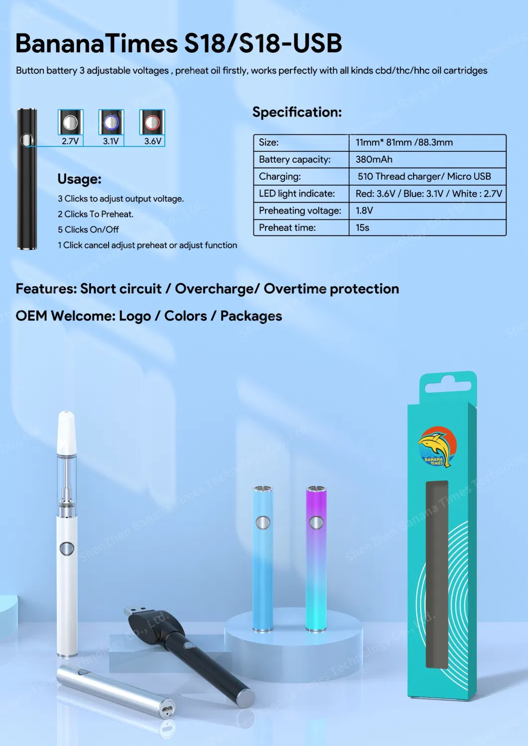 2024 Factory Wholesale Disposable Vape Pen 510 Battery for 510 Vape Cartridges