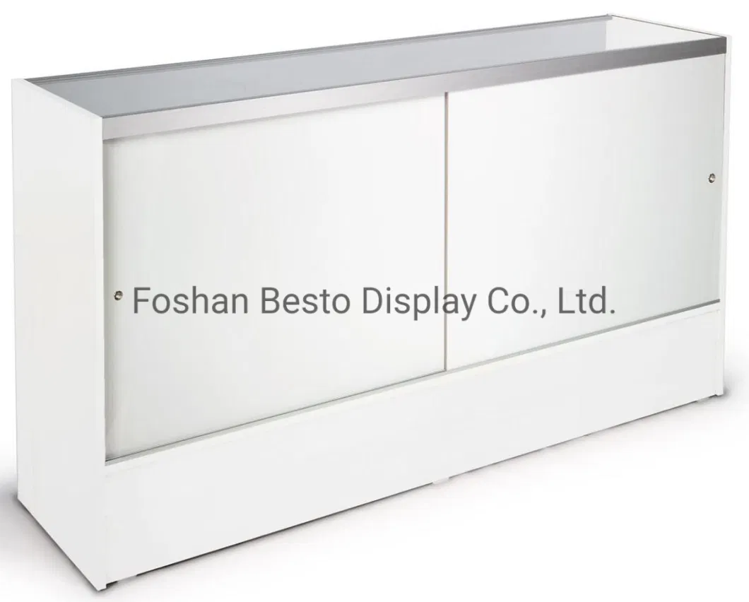 Retail Glass Display Counter with Adjustable Tempered Glass Shelves and Lockable Sliding Doors