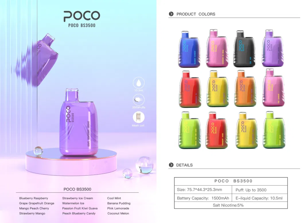 Poco BS3500 Disposable Vape Pen 1500mAh Vape Battery 10.5ml Pod System E-Cigarette Vapor Starter Kit