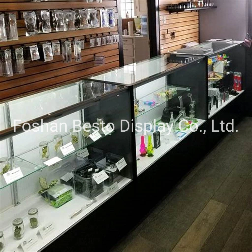 Retail Glass Display Counter with Adjustable Tempered Glass Shelves and Lockable Sliding Doors