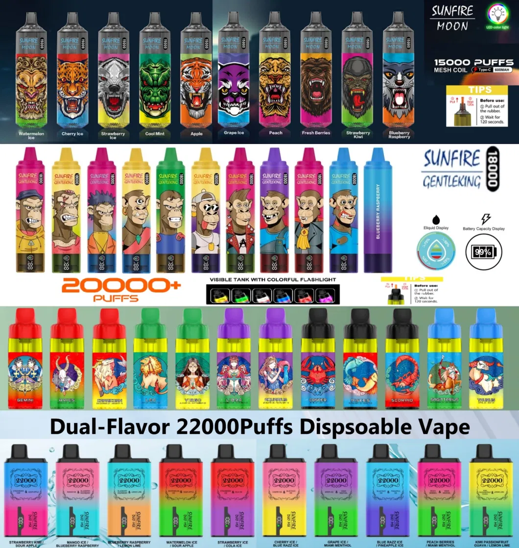 2024 Hot Seller Sunfire Moon Bar 15000 Puff Disposable Vape Wholesale Mesh Coil 20ml 0% 2% 3% 5% Rechargeable Electronic Vape Juice Strawberry Kiwi Spain CZ UK