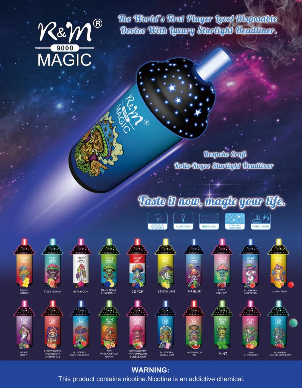 Wholesale E Cigarette UK USA Dubai Vaping Devices R&M Magic 9000puffs Randm Tornado 20 Flavors Good Taste RGB Light Disposable Vape Elf Vapes Bar