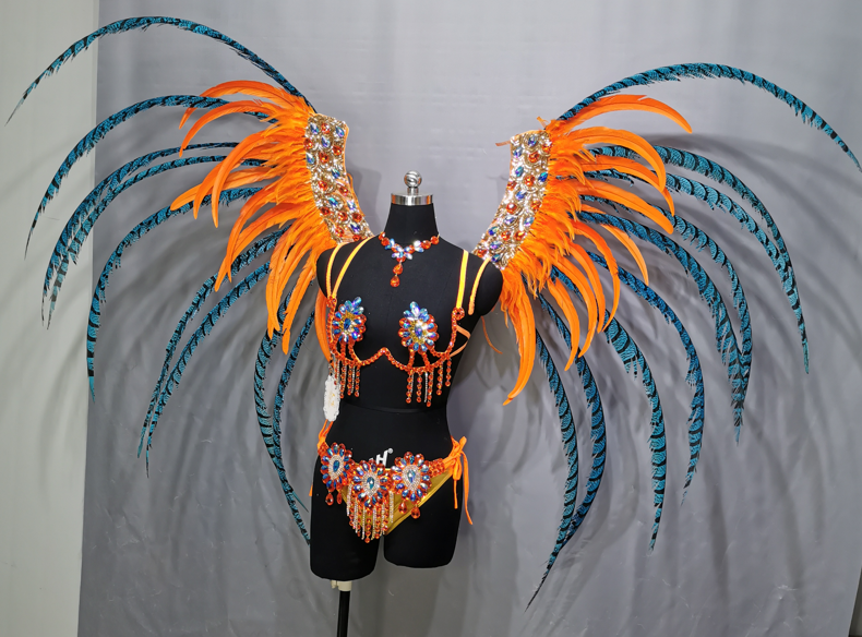 High Quality Handmade Samba Rio Carnival Wire Bra+Panty+Feather Headdress with Stone Sexy Belly Dancing Costume