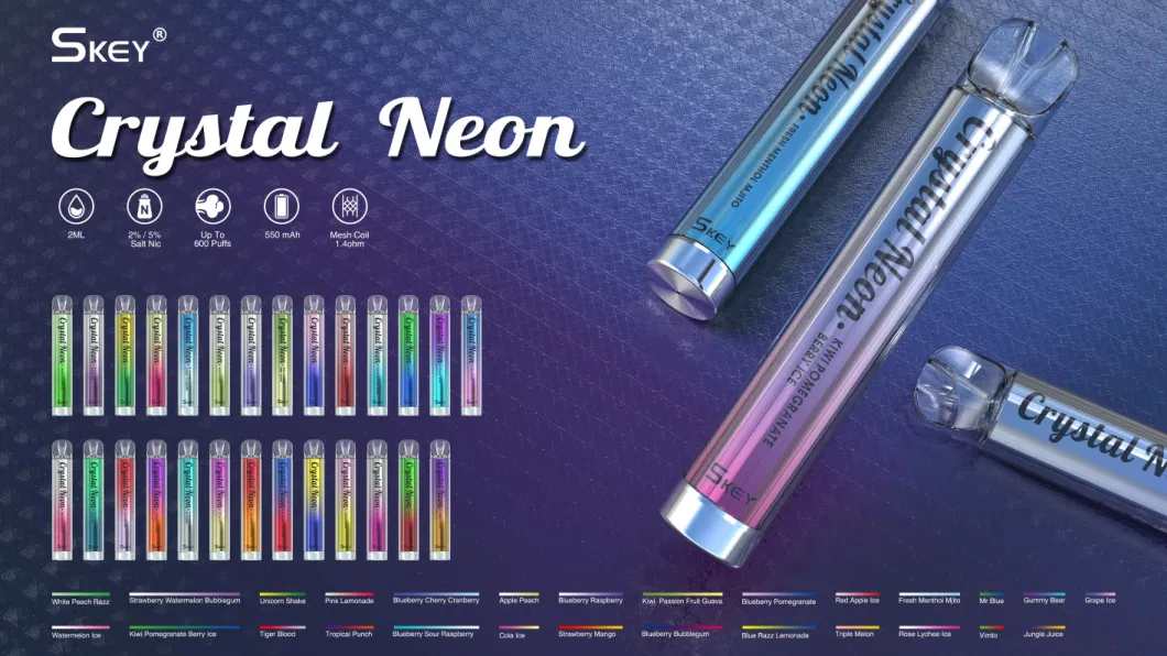 2ml Tpd Compliant UK Wholesale Cheapest Crystal Bar 27 Best Flavors Skey Crystal Neon 600 Puffs 550mAh Battery Disposable Ecigarette Vaporizer