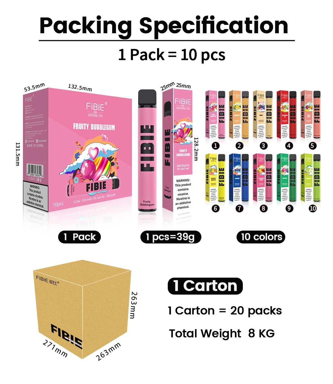 Fibie E Cigar Online Shop 800puffs 0% 2% 5%Nicotine 3.2ml 10 Flavors Disposable E Vape Cigarette