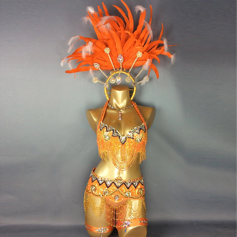 Hot Selling Sexy Samba Rio Carnival Costume New Belly Dance Costume with Feather Head Piece Rave Outfit