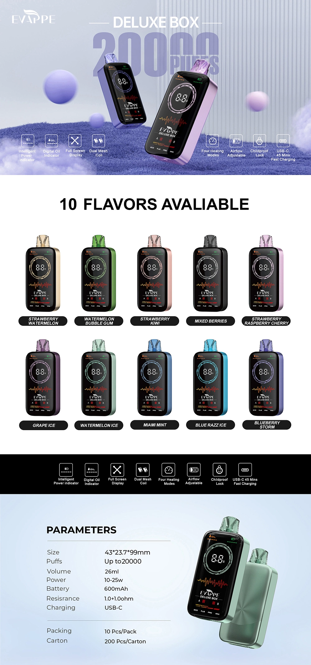 Wholesale OEM ODM Evappe Deluxe Box 20000 Puff Vape Bar Full Display Screen High Quality LED Light Night Flash Electronic Cigarette