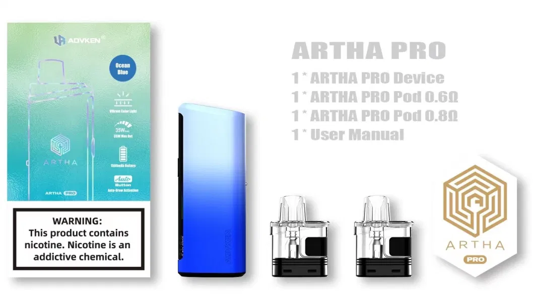 Advken Artha PRO Replacement Pod Cartridge 3.5ml, 1500mAh Battery Devices, 5W-35W Pressure Adjustment Vapes Kit, Pod System Wholesale Ecigs