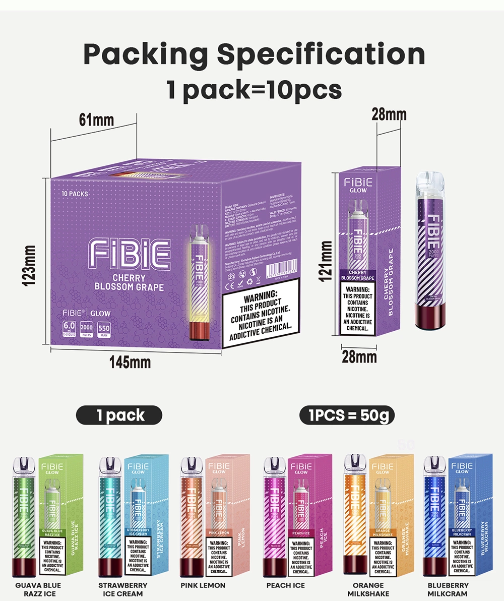 Fibie Glow 2000 Puffs Disposable Vaporizer Wholesale E Cigarette Crystal Lost Elf Mary Bars Vape Online E Shisha Flavor Hookah