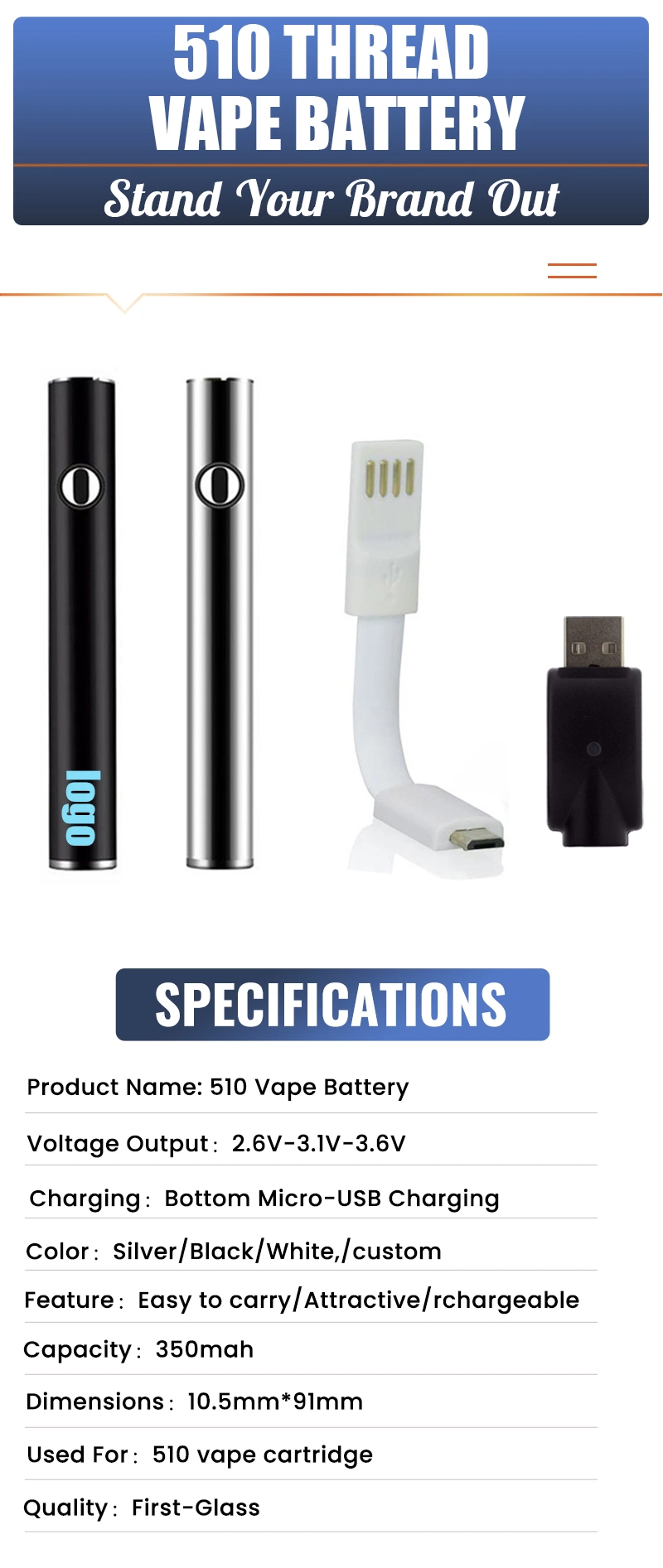 Custom Logo 350mAh Bottom Charging Variable Voltage Control Cartridge 510 Vape Battery