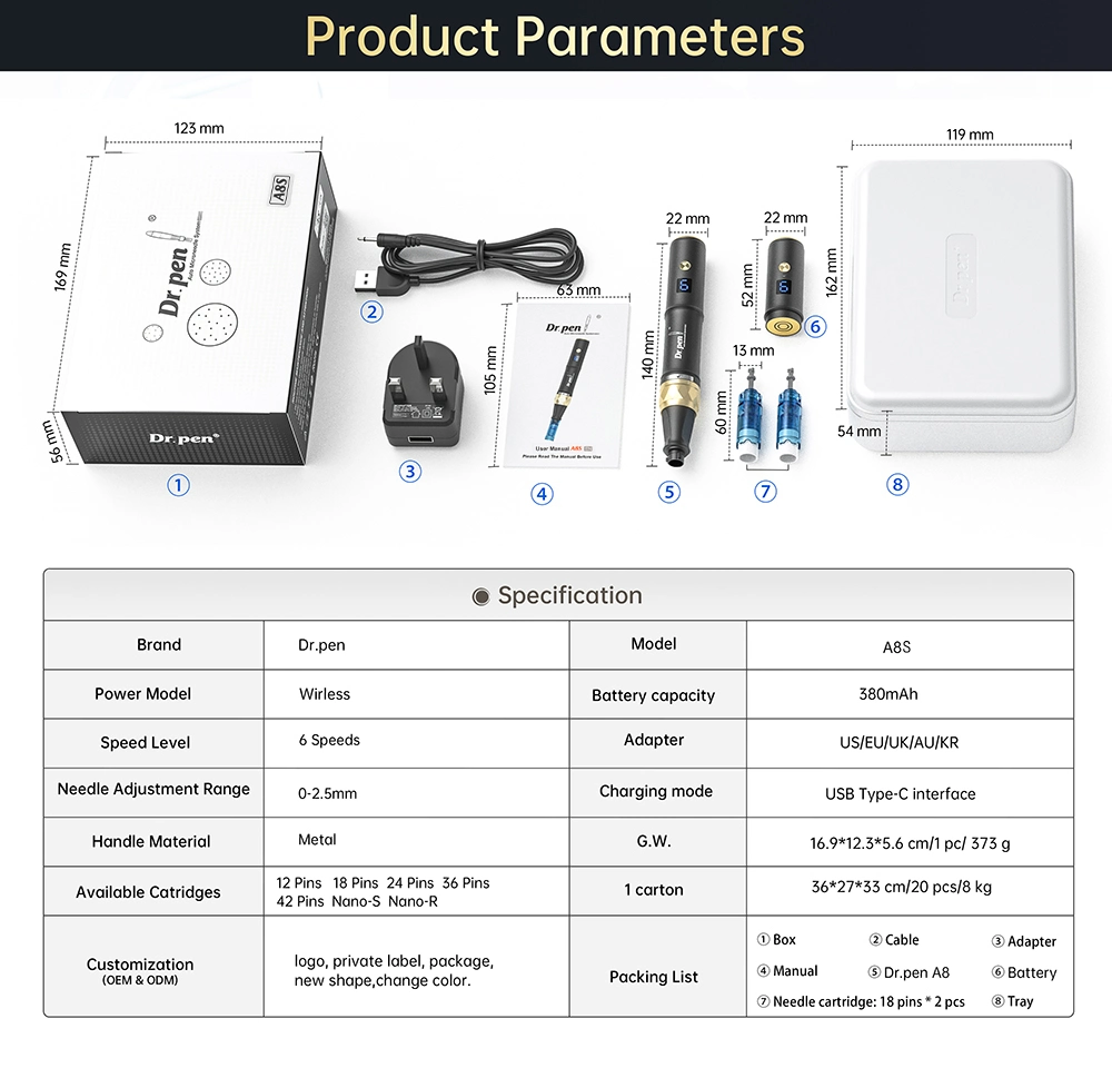 Intelligent Smart Microneedling Pen Dr Pen A8s with Two Rechargeable Batteries Longer Working Time