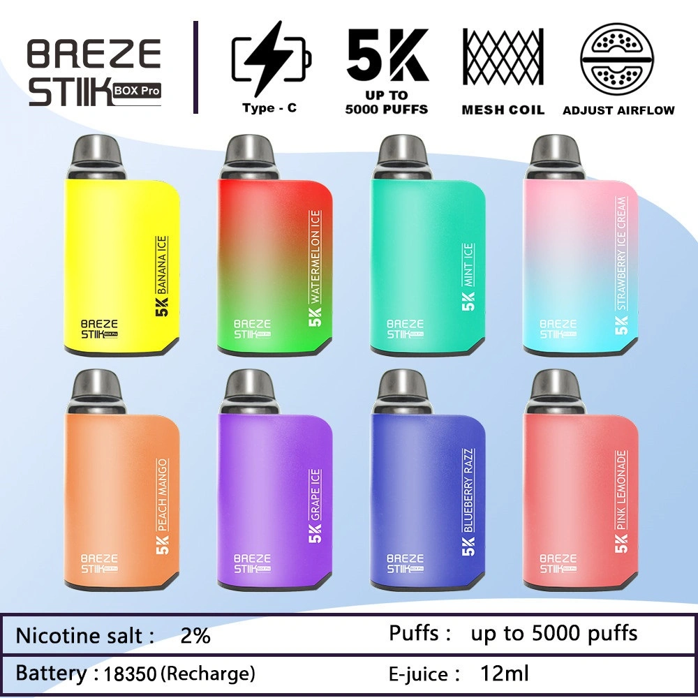 Hot Sale Breze Stiik Box PRO 5000 Puffs 12ml Prefilled Rechargeable E-Cigarette Pen Disposable Vape Pen 5K Puffbar Vaper Puffbar Ecigs Support Ship to Israel