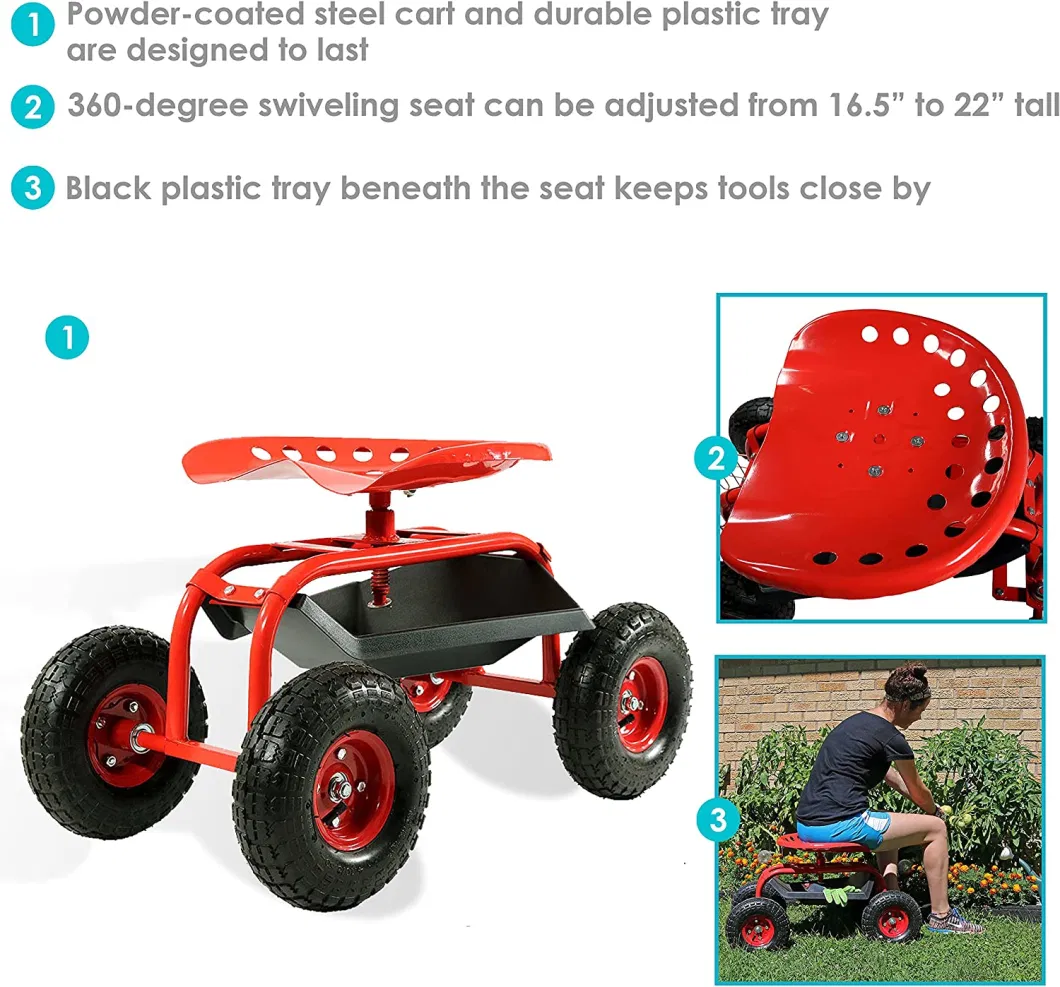 Rolling Garden Cart with Tool Tray and Swivel Seat