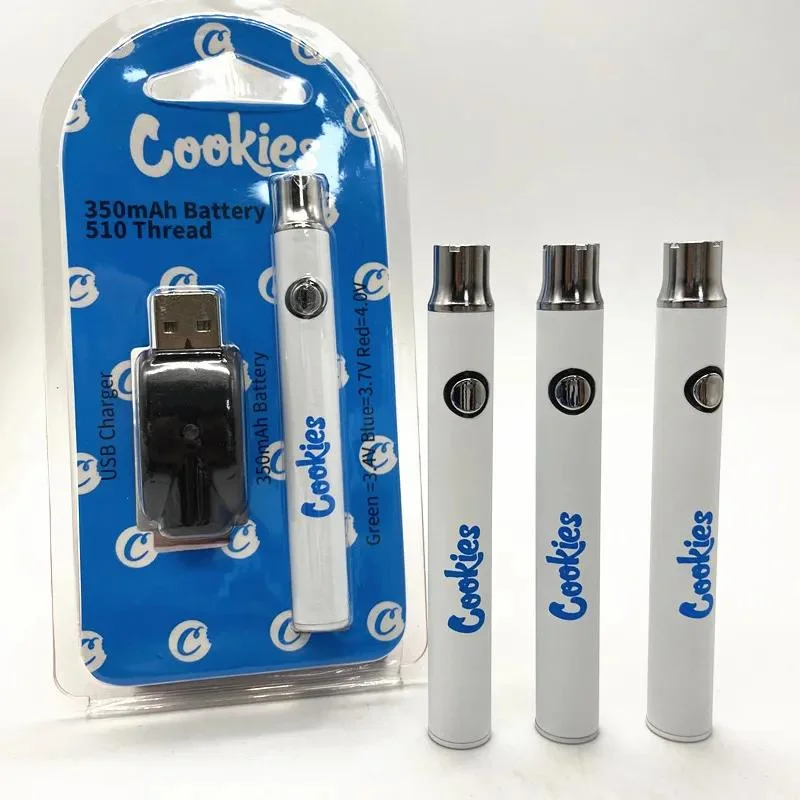 Cookies Battery Adjustable E Cigarette 510 Thread Baterries 350mAh Wax Vape Pens Cartridges VV Variable Voltage USB Cable Batteries for Oil Pen