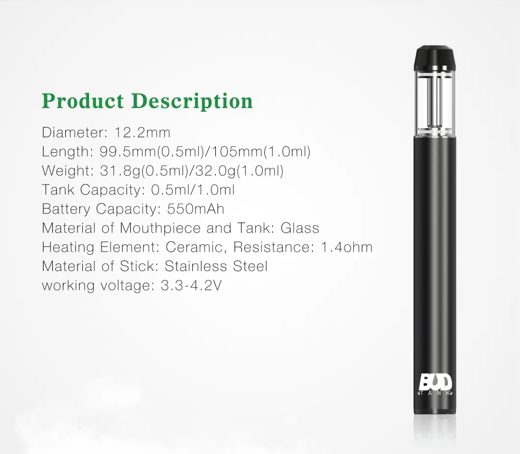 1g 0.5ml Glass Vaporizer Cartridge Rechargeable 550mAh Battery Ceramic Disposable Vape Pen