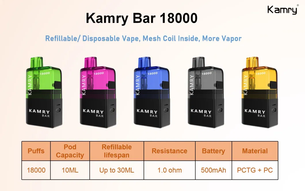 Kamry Bar Wholesale Vapes E-Cigarette 18000 Puff 10ml Pod Capacity Elf/Bar Empty Vape Refillable/ Disposable Vaporizer