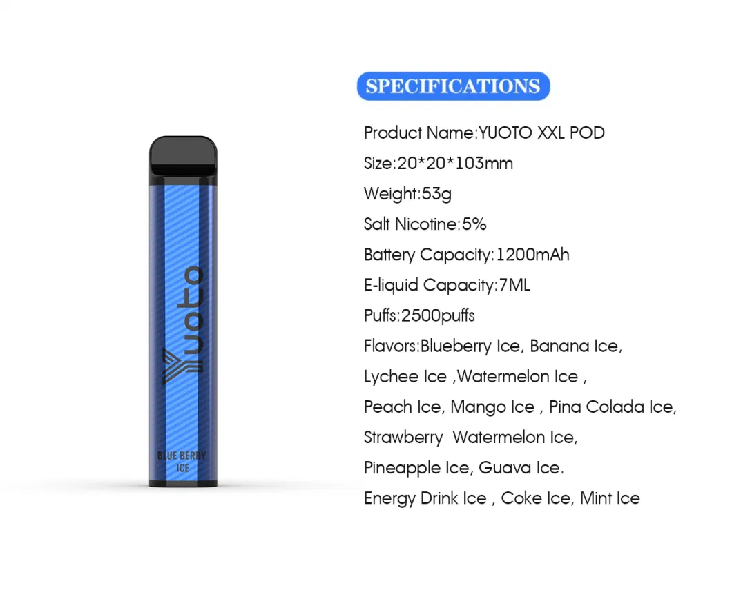 Original Yuoto XXL Disposable Vape Kit 2500 Puffs 1200mAh Battery 16 Flavors Yuoto Vape 5% Nicotine Wholesale