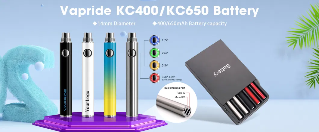 Custom Logo Vape Pen Battery 350/400/650/900mAh 510 Thread Vaporizer E Cigarette Vape Battery