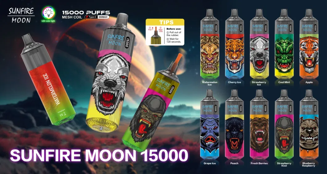 2024 Hot Seller Sunfire Moon Bar 15000 Puff Disposable Vape Wholesale Mesh Coil 20ml 0% 2% 3% 5% Rechargeable Electronic Vape Juice Strawberry Kiwi Spain CZ UK